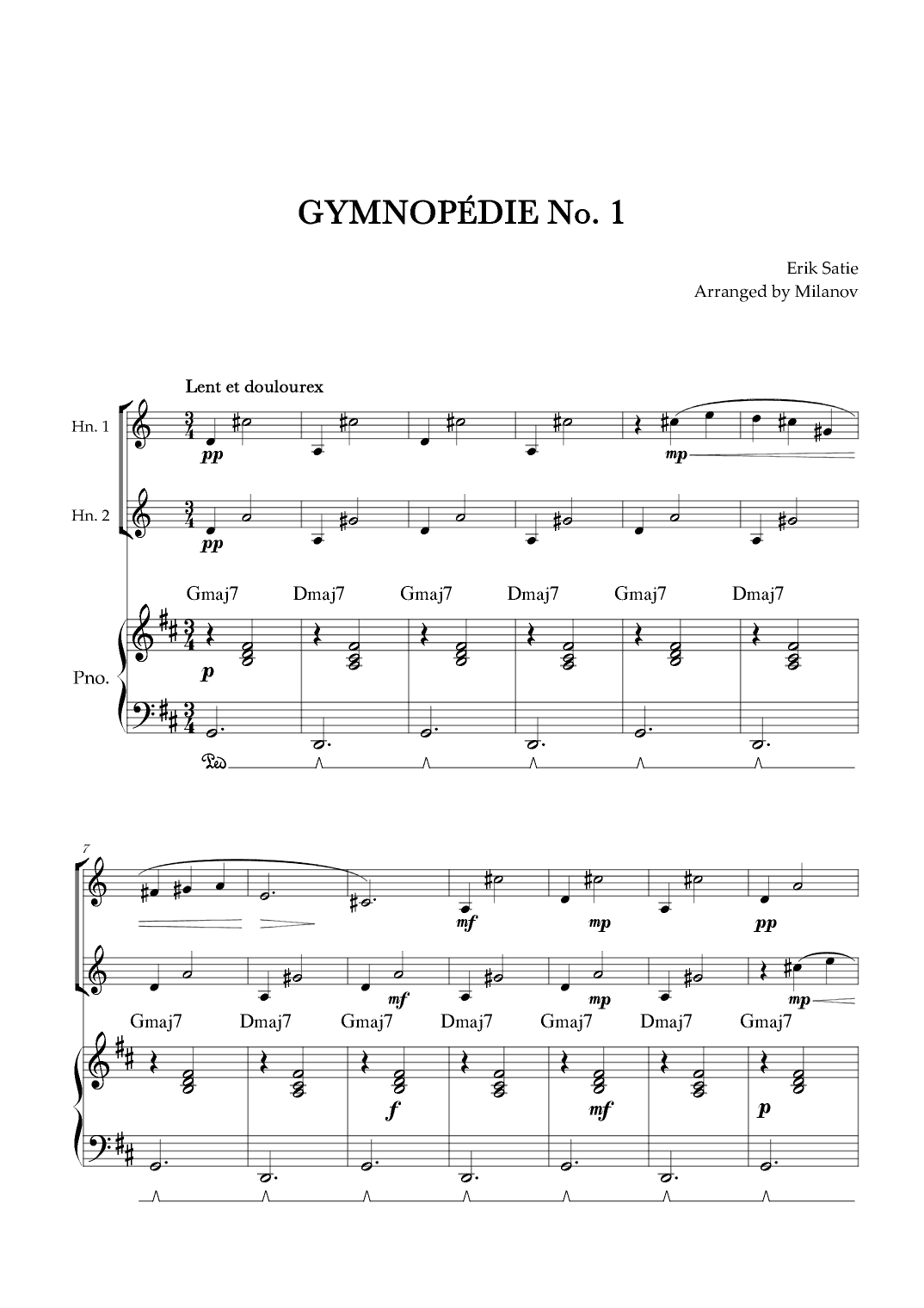 Gymnopédie no 1 | Horn in F Duet | Original Key | Chords | Piano accompaniment |Easy intermediate (arr. Milanov)