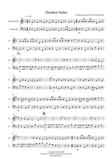 Drunken Sailor for Clarinet and Cello Duet (arr. David Burndrett)