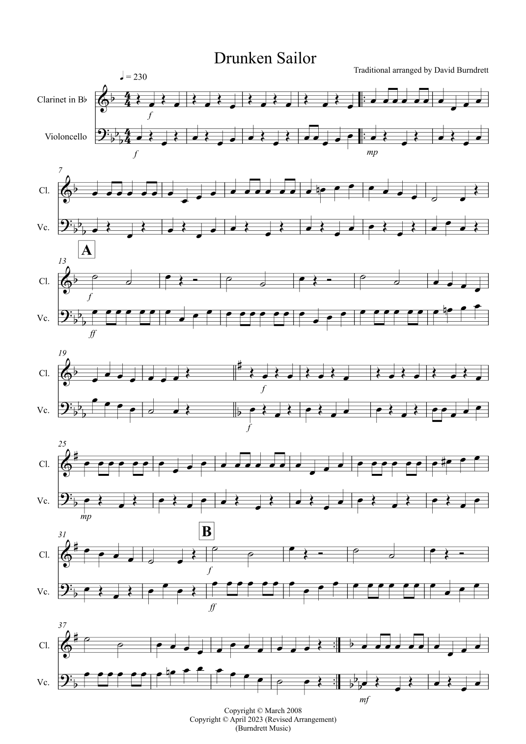 Drunken Sailor for Clarinet and Cello Duet (arr. David Burndrett)