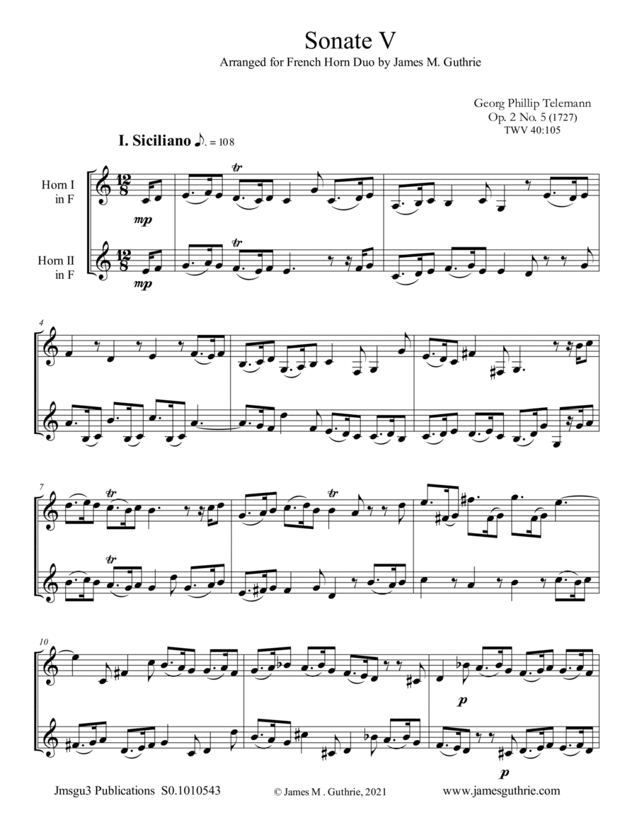 Telemann: Sonata Op. 2 No. 5 for French Horn Duo (arr. James M. Guthrie)