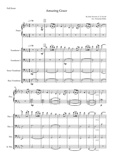 Amazing Grace (John Newton, E. O. Excell) for Trombone Quartet and Piano Accompaniment with Chords (arr. Fernando Britto)