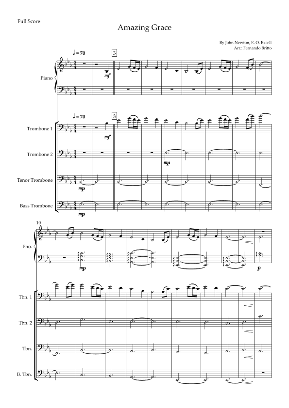 Amazing Grace (John Newton, E. O. Excell) for Trombone Quartet and Piano Accompaniment with Chords (arr. Fernando Britto)