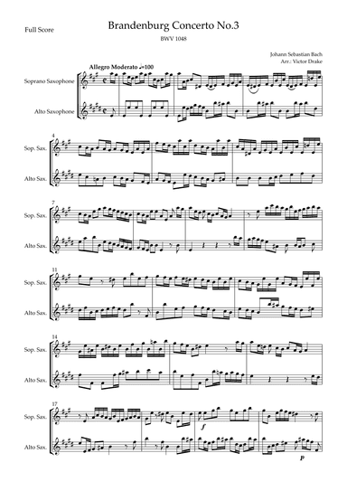 Brandenburg Concerto No. 3 in G major, BWV 1048 1st Mov. (J.S. Bach) for Saxophone Duo (arr. Victor Drake)