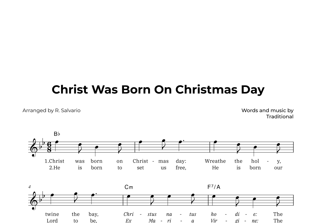 Christ Was Born On Christmas Day (Key of B-Flat Major) (arr. R. Salvario)