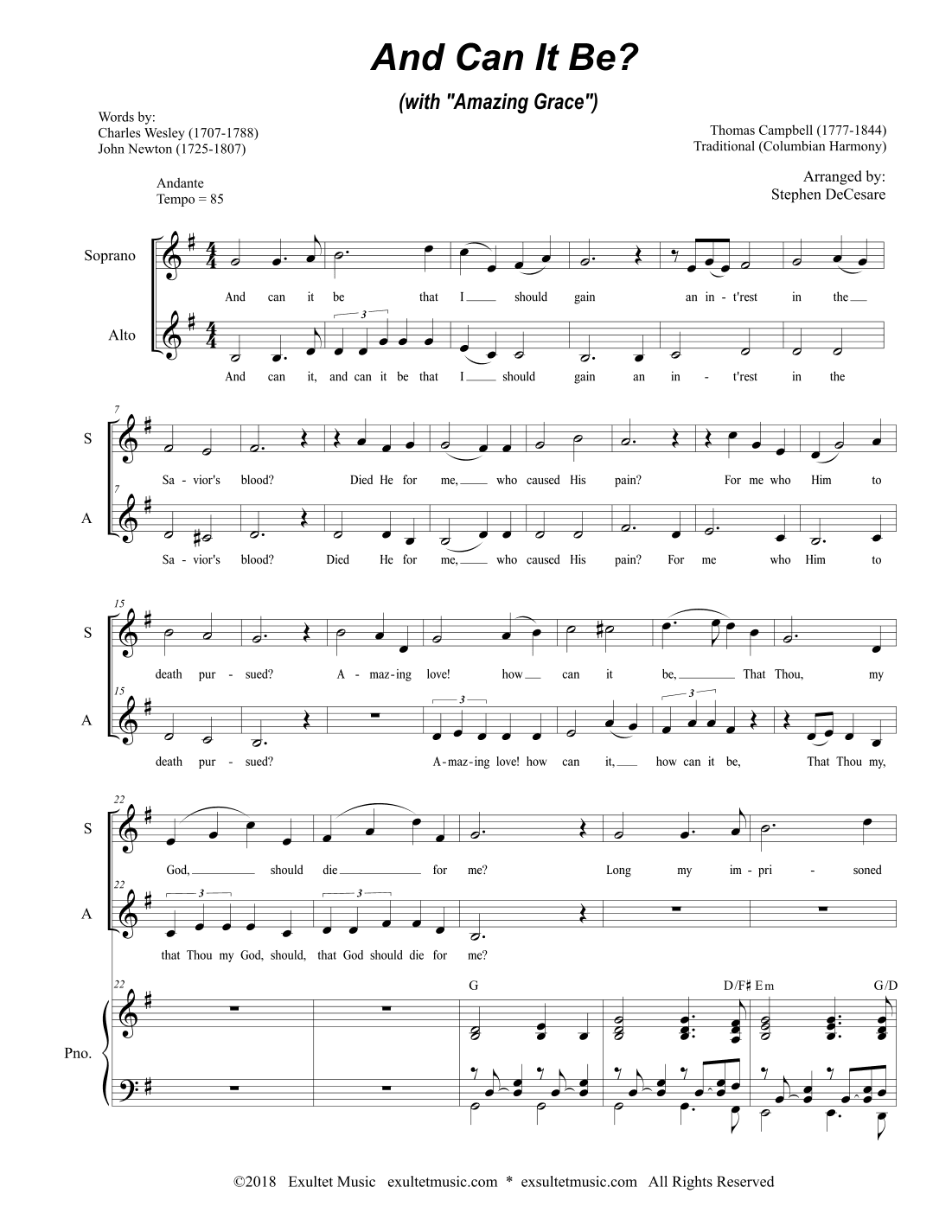 And Can It Be? (with "Amazing Grace") (Duet for Soprano and Alto solo) (arr. Stephen DeCesare)