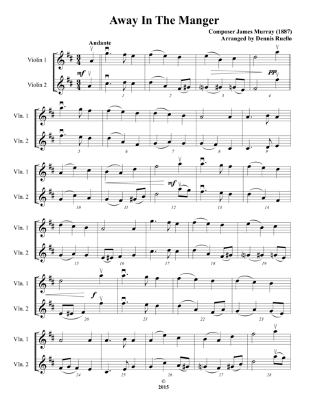 Away in the Manger / It Came Upon a Midnight Clear - Violin Duet - Intermediate (arr. Dennis Ruello)