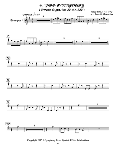 Shakespearean Music or Brass Quintet - 4. Peg o'Ramsey - Twelfth Night (Trumpet 1) (arr. Donald Rauscher / Transcribed by R.R.Cardo)