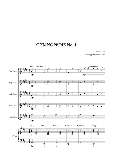Gymnopédie no 1 | Saxophone Quintet | Original Key | Chords | Piano accompaniment |Easy intermediate (arr. Milanov)