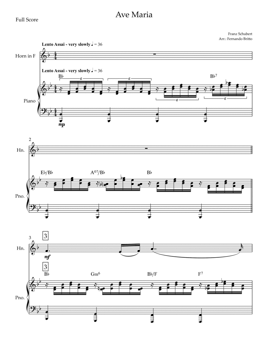 Ave Maria (Franz Schubert) for Horn in F Solo and Piano with Chords (arr. Fernando Britto)