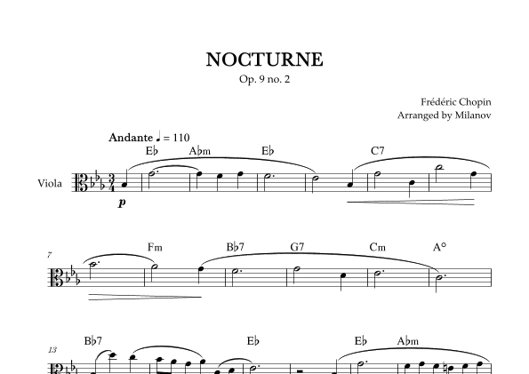 Chopin Nocturne op. 9 no. 2 | Viola | E-flat Major | Chords | Easy beginner (arr. Milanov)