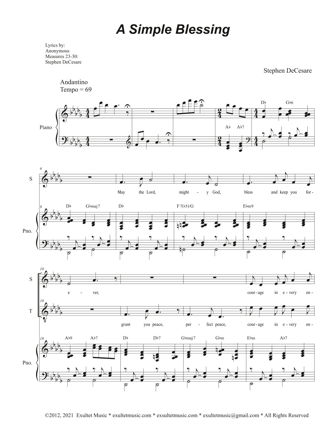 A Simple Blessing (Duet for Soprano and Tenor solo)