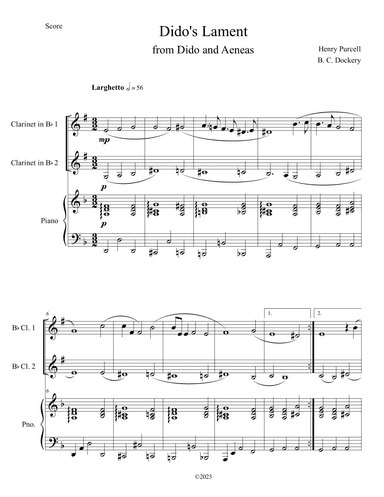 Dido's Lament (Clarinet Duet with Piano Accompaniment) (arr. B. C. Dockery)
