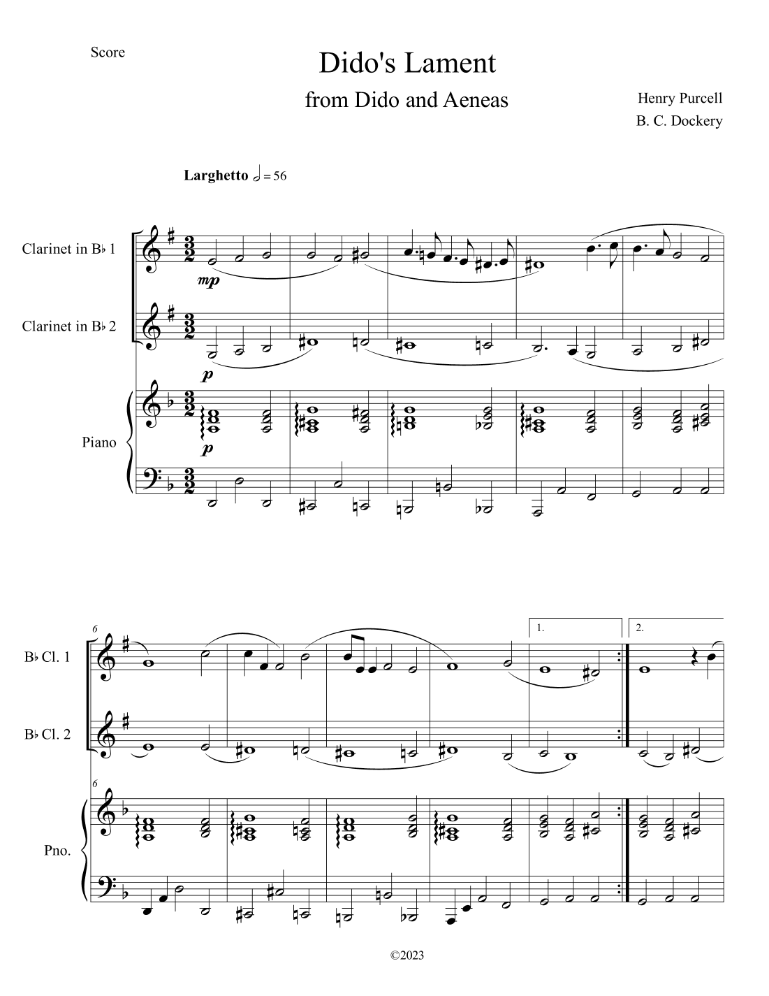 Dido's Lament (Clarinet Duet with Piano Accompaniment) (arr. B. C. Dockery)