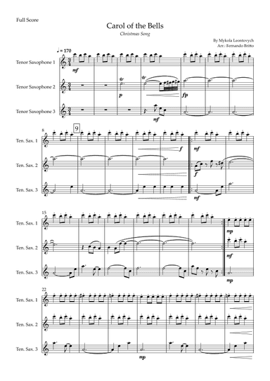 Carol of The Bells - Jazz Version (Christmas Song) for Tenor Saxophone Trio (arr. Fabio Britto)