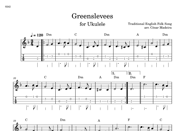 Greensleeves - Easy Ukulele - W/Chords and TAB (Full Score) (arr. César Madeira)