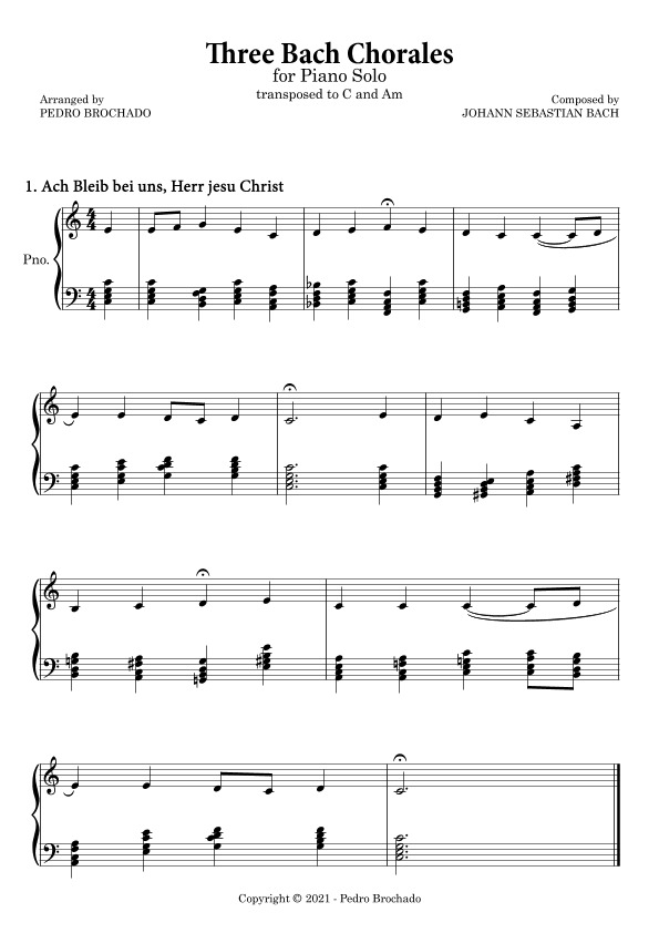 Three Bach Chorales in C and Am - Piano Solo (LH acc) (arr. Pedro Brochado)