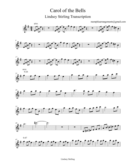 Lindsey Stirling Carol of the Bells Violin Part Sheet Music (arr. Memphis Arrangements)