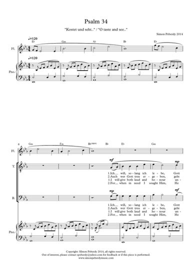 O Taste and See / Kostet und seht (Psalm 34) for STB (or SAB) voices, piano and optional flute (Germ