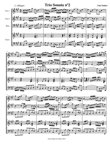 Trio sonata nº2 in A Major for flute, violin & cello, 2 violins & cello and basso continuo (SCORE D