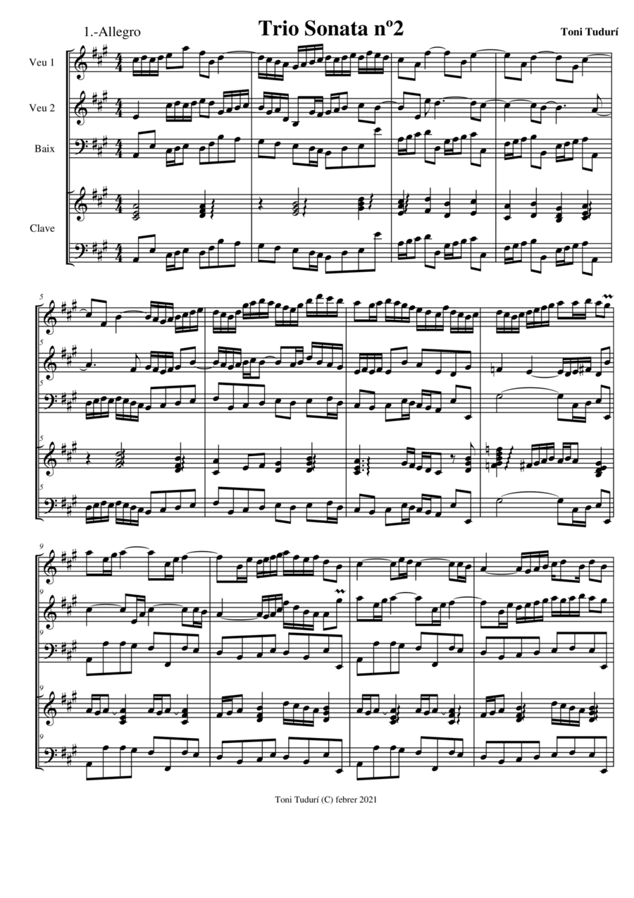 Trio sonata nº2 in A Major for flute, violin & cello, 2 violins & cello and basso continuo (SCORE D