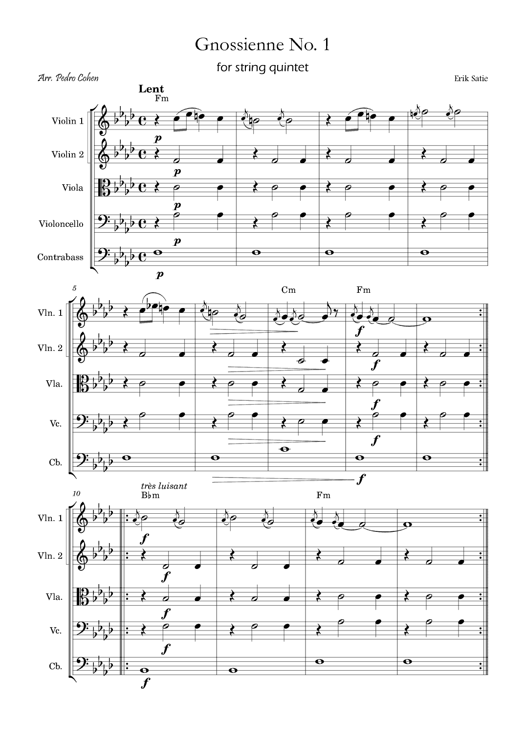 Gnossienne No. 1 – for String Quintet with chords (arr. Pedro Cohen)