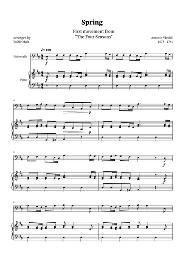 Spring - The Four Seasons for Cello and Piano (D Major) (arr. Valdir Maia)