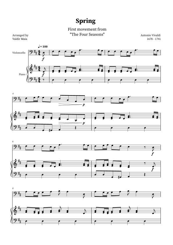 Spring - The Four Seasons for Cello and Piano (D Major) (arr. Valdir Maia)