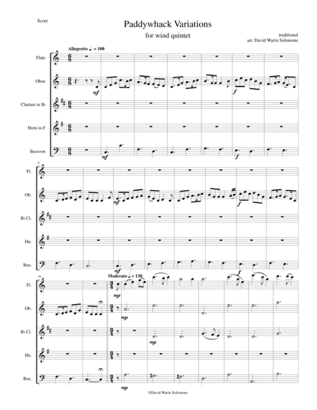 Paddywhack Variations for wind quintet (arr. David Warin Solomons)