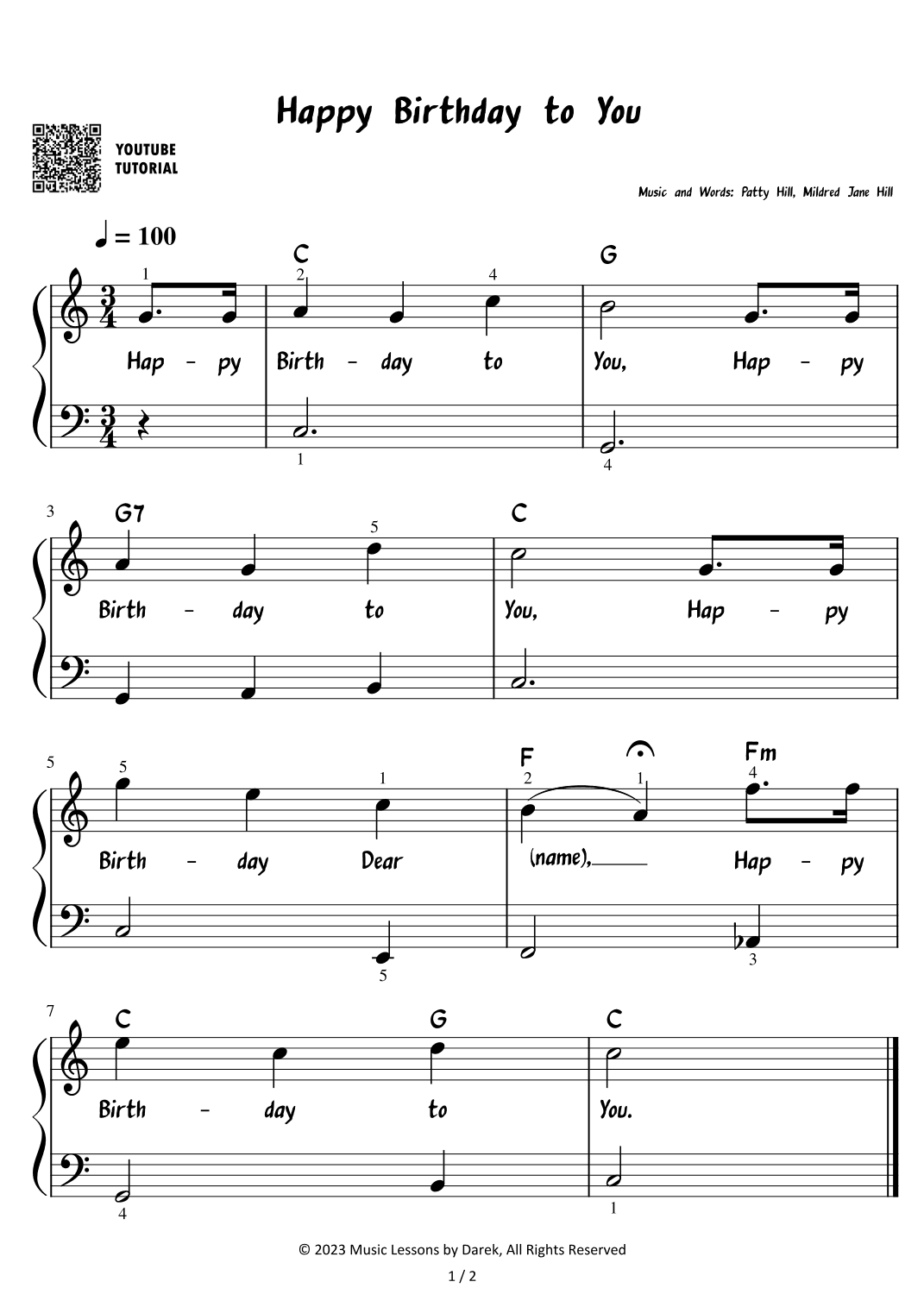 Happy Birthday to You (EASY PIANO) [Patty Hill, Mildred Jane Hill] (arr. Darek)