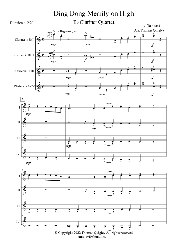 Ding Dong Merrily on High (Clarinet Quartet) (arr. Thomas Quigley)