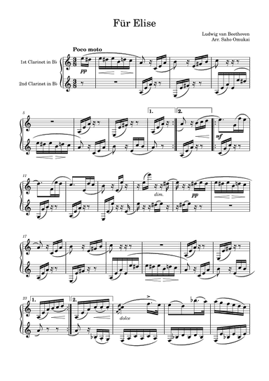 Beethoven: "Für Elise" for two clarinets (arr. Saho Omukai)