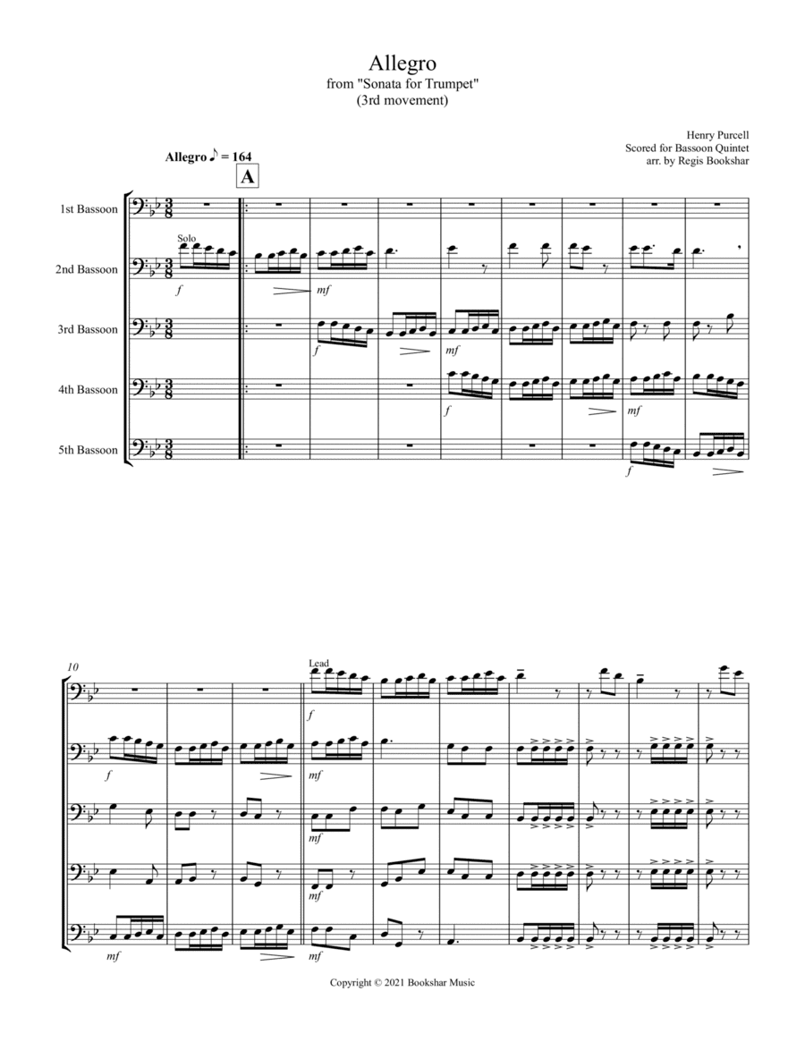 Allegro (from "Sonata for Trumpet") (Bb) (Bassoon Quintet) (arr. Regis Bookshar)
