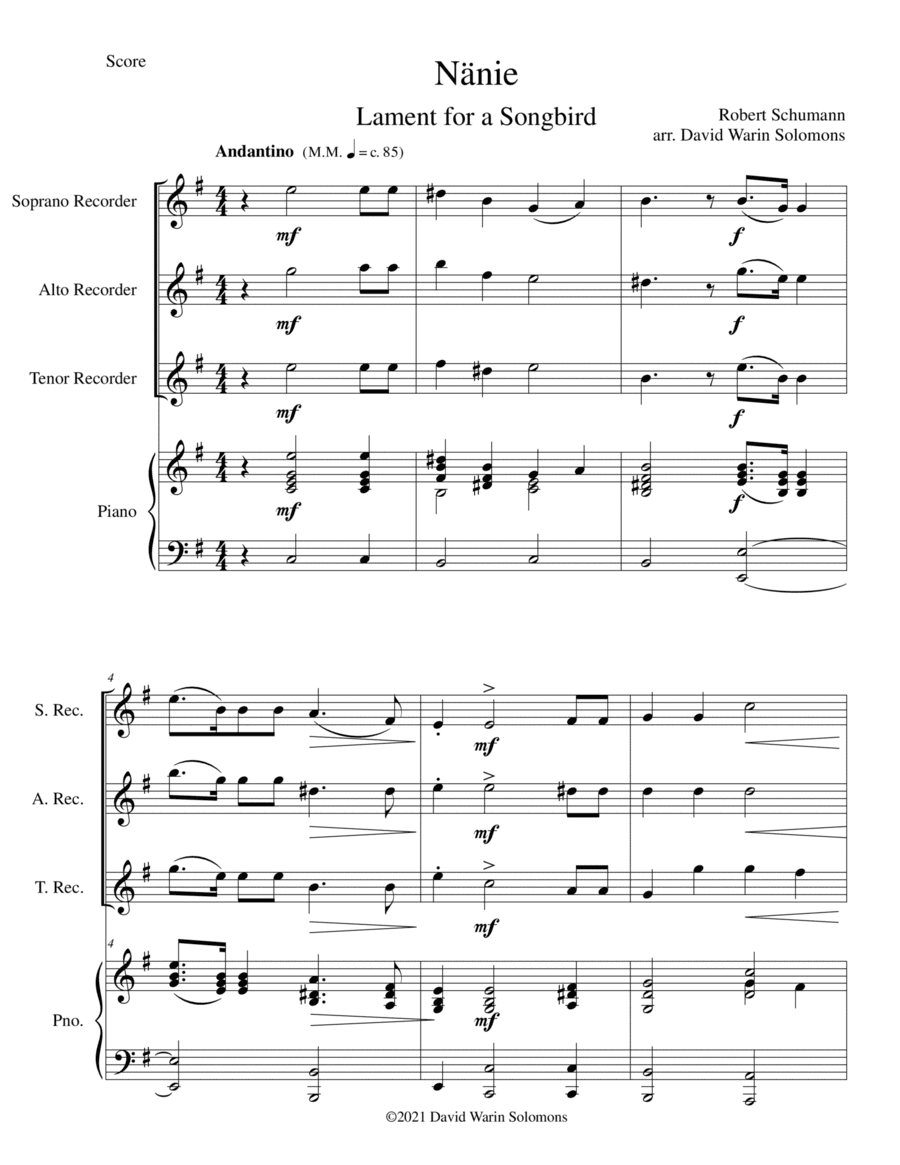 Nänie - lament for a songbird - for recorder trio and piano (arr. David Warin Solomons)