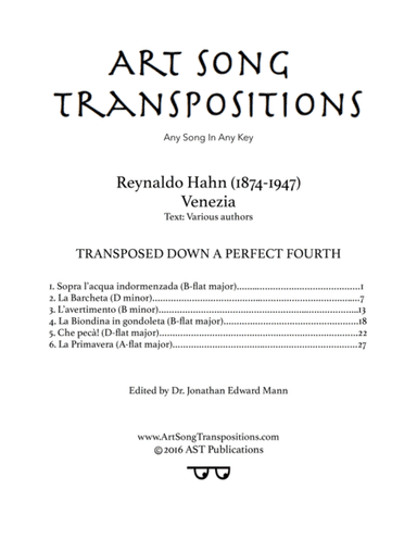 HAHN: Venezia (transposed down a perfect fourth) (arr. ArtSongTranspositions.com)