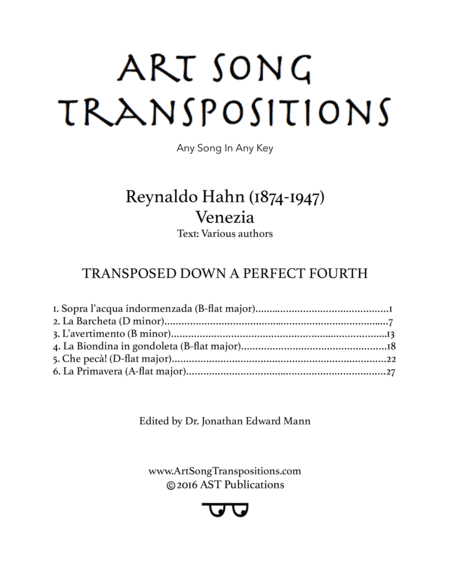 HAHN: Venezia (transposed down a perfect fourth) (arr. ArtSongTranspositions.com)