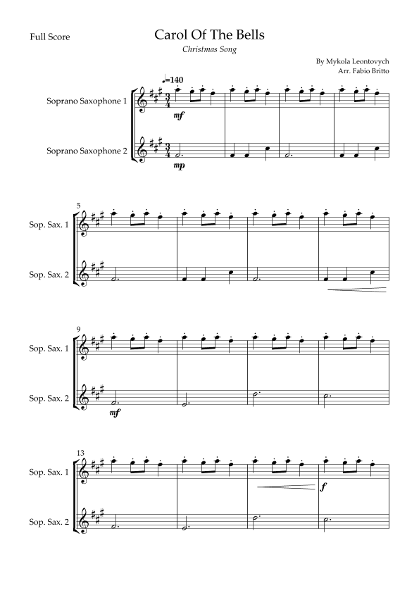 Carol Of The Bells (Christmas Song) for Soprano Saxophone Duo (arr. Fabio Britto)