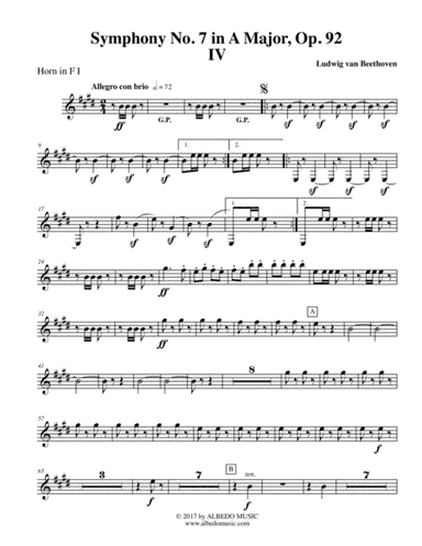 Beethoven Symphony No. 7, Movement IV - Horn in F 1 (Transposed Part), Op. 92 (arr. Doug Clyde)