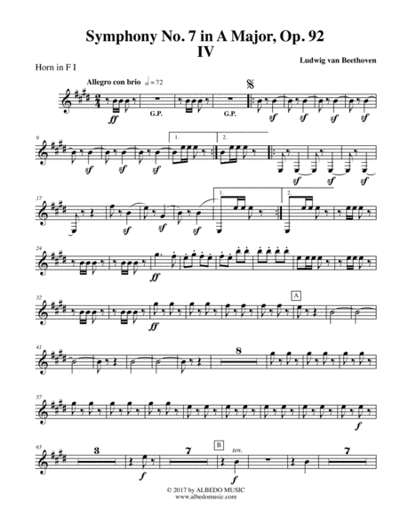 Beethoven Symphony No. 7, Movement IV - Horn in F 1 (Transposed Part), Op. 92 (arr. Doug Clyde)