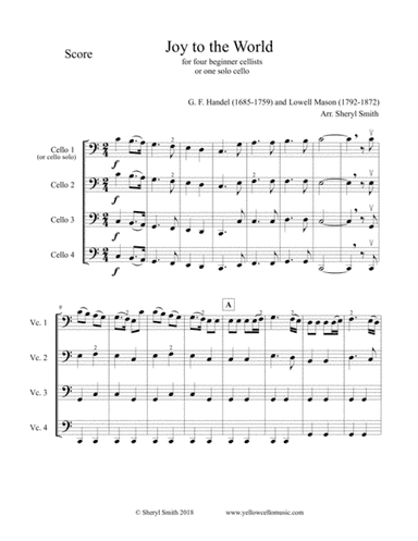 Beginner cello quartet Christmas music: Joy to the World, Adeste Fideles, Carol of the Bells, We Thr (arr. Yellow Cello Music)