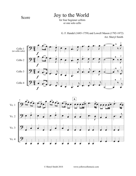 Beginner cello quartet Christmas music: Joy to the World, Adeste Fideles, Carol of the Bells, We Thr (arr. Yellow Cello Music)