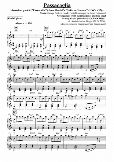 Handel-Halvorsen - Passacaglia - arrangement for easy G-clef piano/harp (GCP/GCH) including lead she (arr. Andrei Lucian Dragoi)
