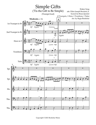 Simple Gifts ('Tis the Gift to Be Simple) (F) (Brass Quintet - 2 Trp, 1 Hrn, 1 Trb, 1 Tuba) (Trumpet (arr. Regis Bookshar)