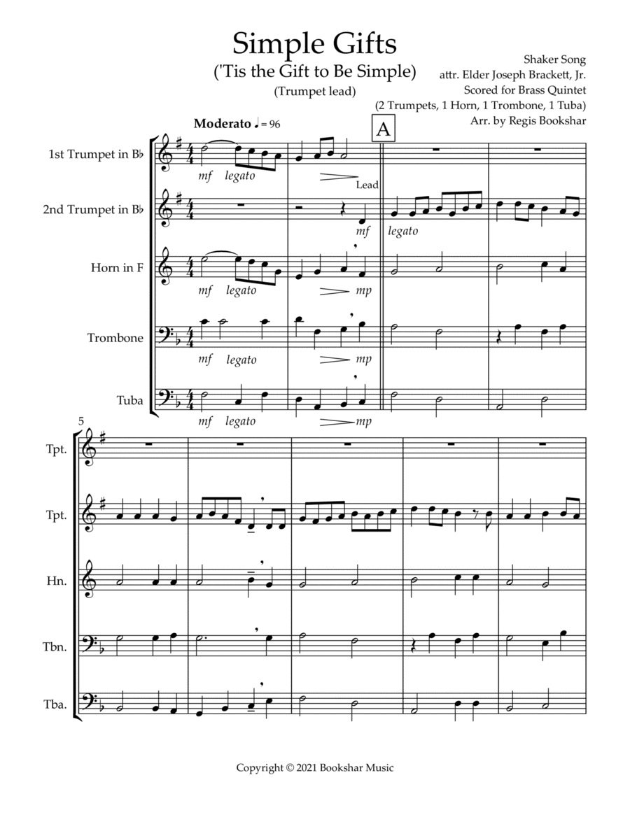 Simple Gifts ('Tis the Gift to Be Simple) (F) (Brass Quintet - 2 Trp, 1 Hrn, 1 Trb, 1 Tuba) (Trumpet (arr. Regis Bookshar)