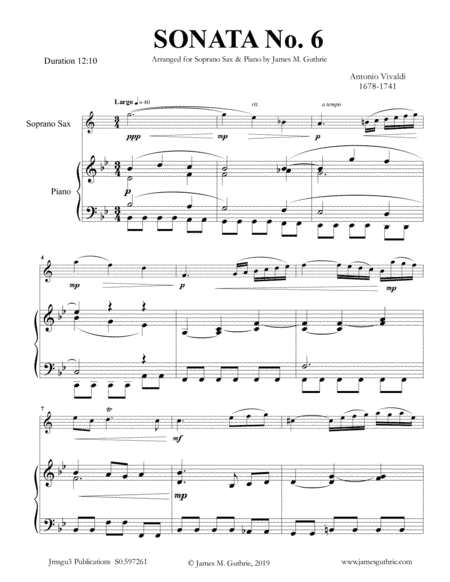 Vivaldi: Sonata No. 6 for Soprano Sax & Piano (arr. James M. Guthrie, ASCAP)
