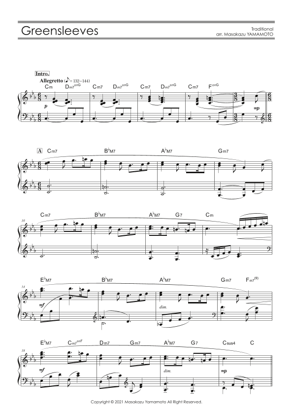 Greensleeves [Piano solo / intermediate] (arr. Masakazu YAMAMOTO)