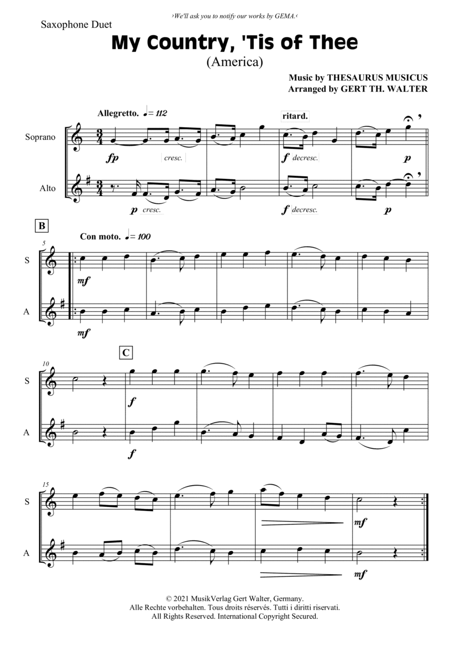 My Country, 'Tis Of Thee (America) (arr. Gert Th. Walter)