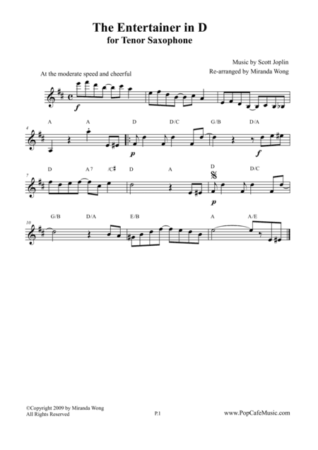 The Entertainer in D - Tenor or Soprano Saxophone Solo (arr. Miranda Wong)