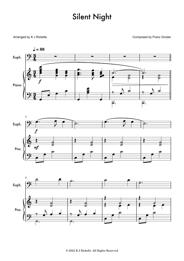 Silent Night - Baritone/Euphonium (bass clef) (arr. K J Rickells)
