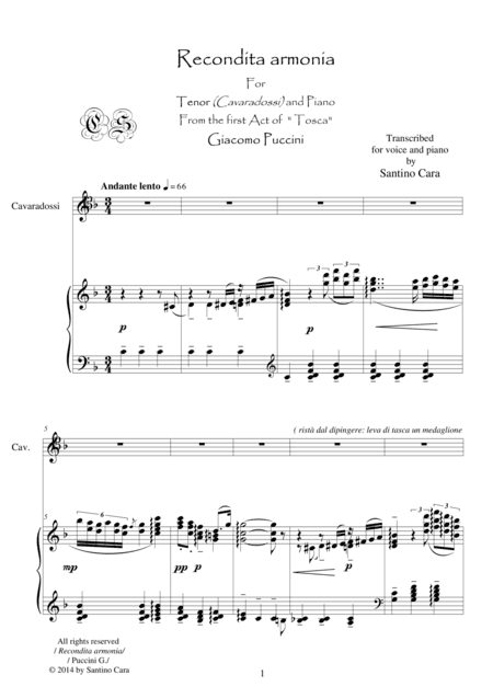 Puccini - Tosca (Act1) Recondita armonia - Tenor and piano (arr. Santino Cara)