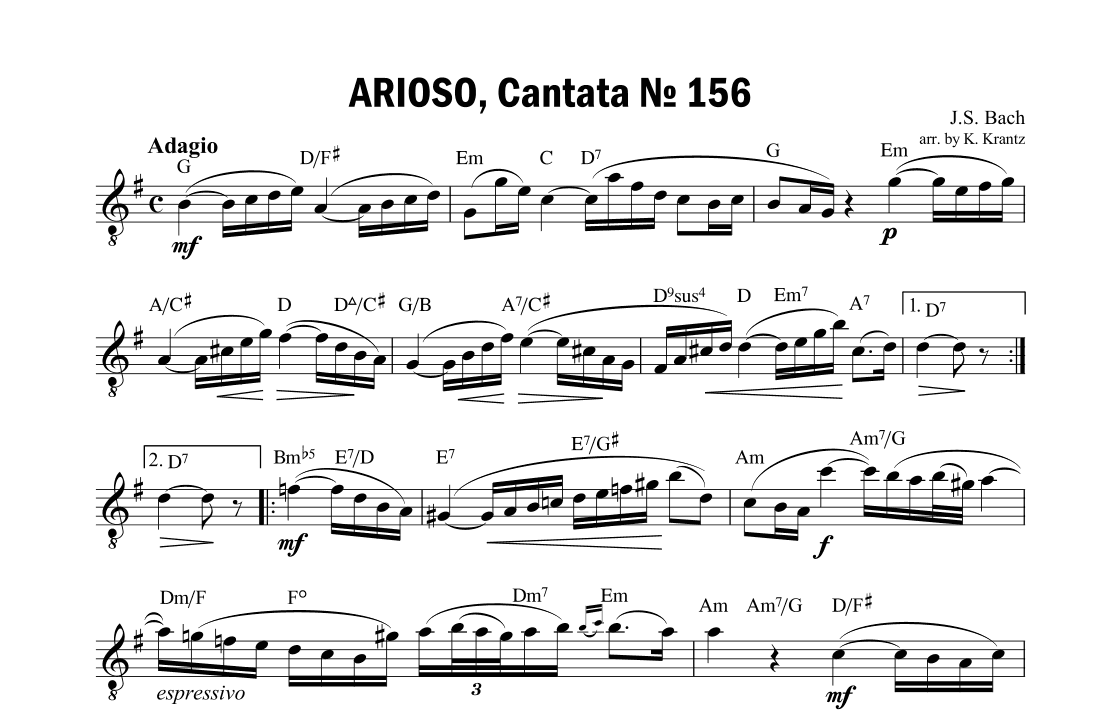 Arioso (Largo) from Cantata 156 (G Major) lead sheet with guitar chords (arr. K. Krantz)